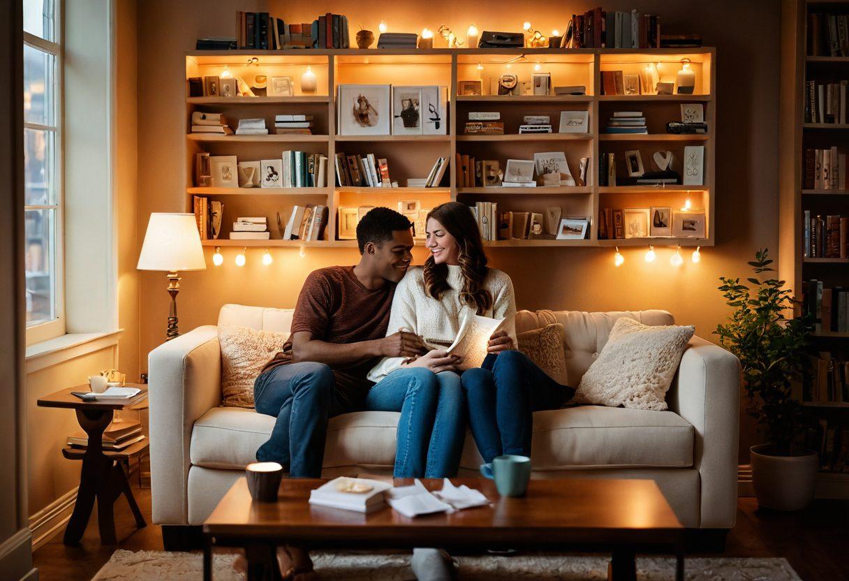 A warm, cozy scene depicting a couple sitting on a comfortable couch, sharing a heartfelt conversation, surrounded by soft lighting and personal mementos. The backdrop features a bookshelf filled with love letters and shared experiences, symbolizing trust and emotional intimacy. Gentle colors and a serene atmosphere enhance the feeling of connection. super-realistic. warm tones. soft lighting.