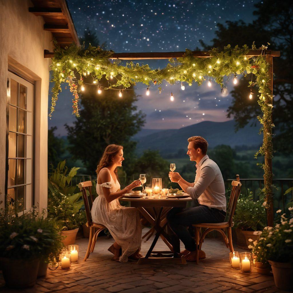 A couple enjoying a romantic dinner under a starlit sky, surrounded by soft candlelight and lush greenery. The warmth of their connection radiates as they share laughter, creating an atmosphere of intimacy and love. Include heart-shaped decorations and subtle hints of passion like intertwined hands. super-realistic. warm tones. soft focus.