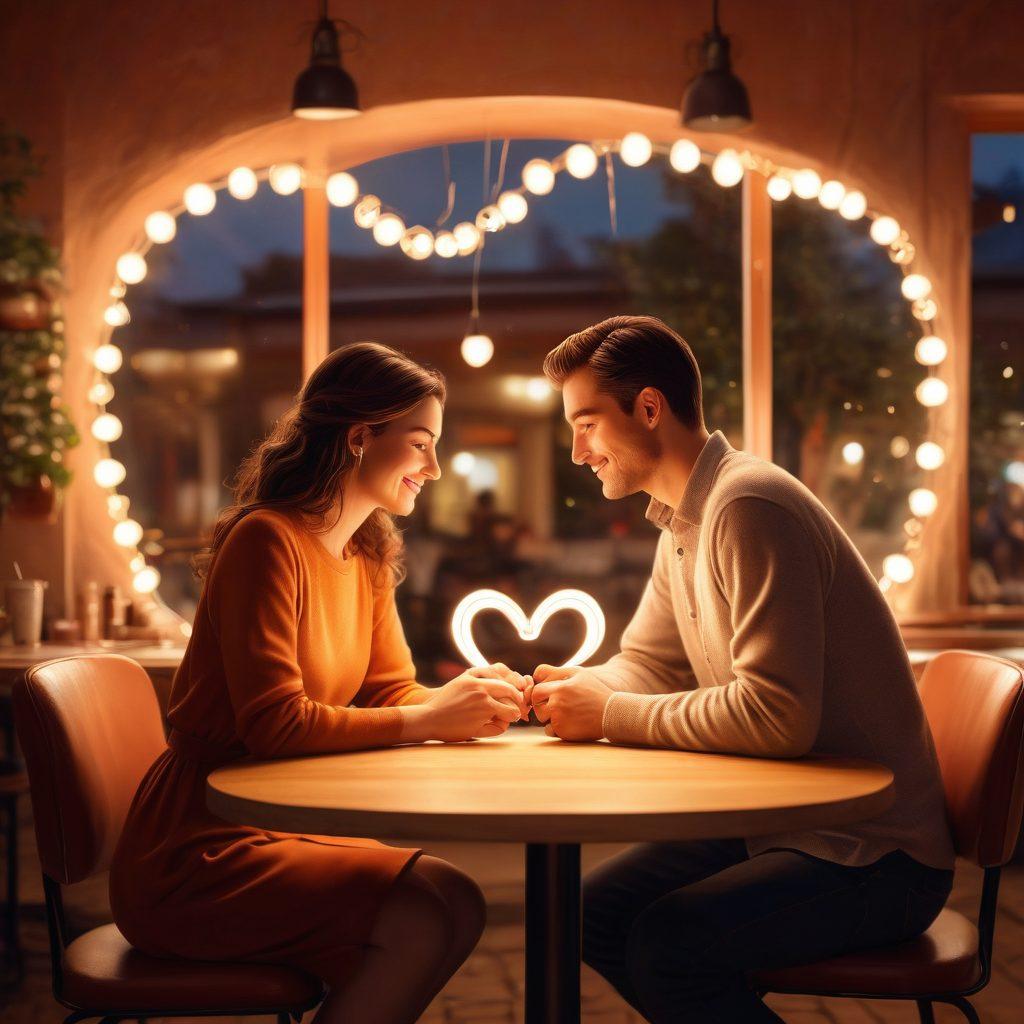 A romantic scene depicting two people sharing a tender moment, surrounded by soft glowing lights and heart shapes in the background. The couple is engaged in an intimate conversation at a cozy café table, with warm colors enhancing the atmosphere. Include subtle symbols of love like intertwined hands or a heart emoji floating above them. Reflect a sense of connection and warmth that embodies soulful devotion. super-realistic. warm colors. 3D.